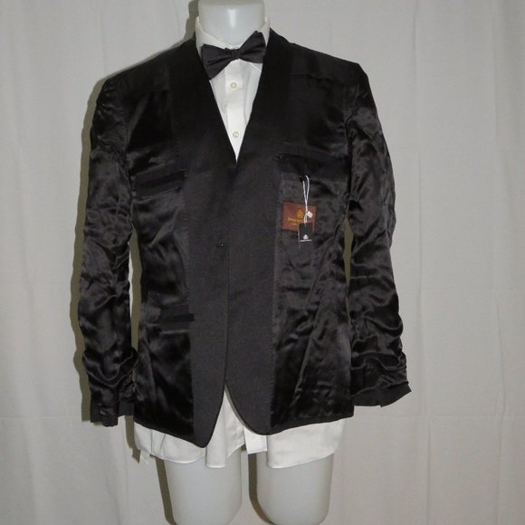 Domenico Vacca Solid Black Sharkskin Peak Lapel Two Button Tuxedo 44R NWT - Picture 9 of 12